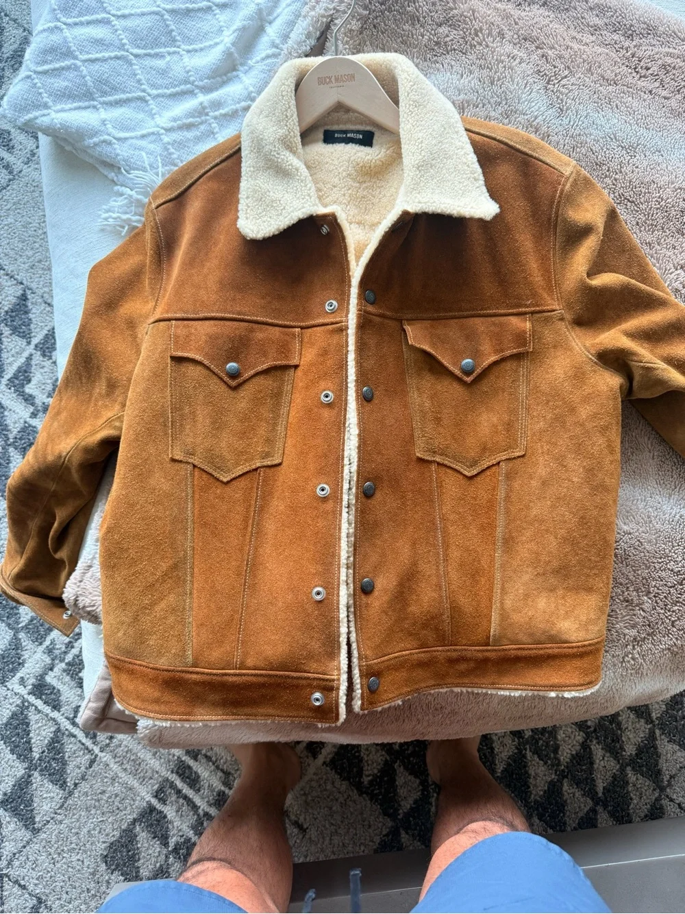 Buck Mason Suede Sherpa-Lined Jacket in Cognac Brown with Cream Collar